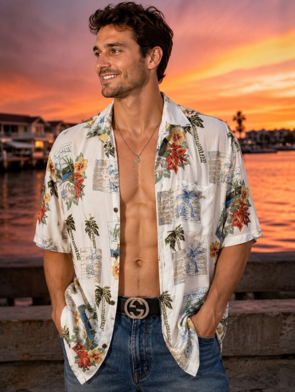 Hawaiian Shirt Men's L Floral Short Sleeve Hibiscus Collection Hawaii Rayon #C